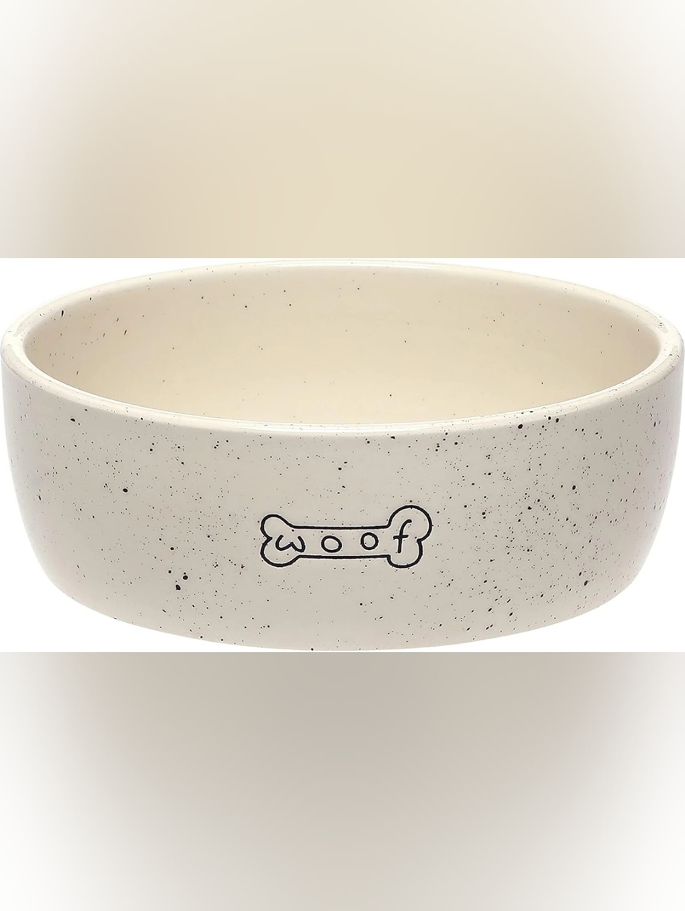 Pearhead Speckled Cream Ceramic Dog Bowl with 'woof' Bone Graphic